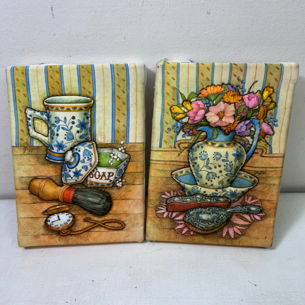 Creative Circle Vintage Padded Needlepoint Canvas Wall Art Set 2 Griffin Floral